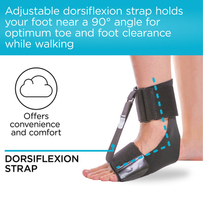 the soft foot drop brace has an adjustable dorsiflexion strap that holds your foot near a 90 degree angle