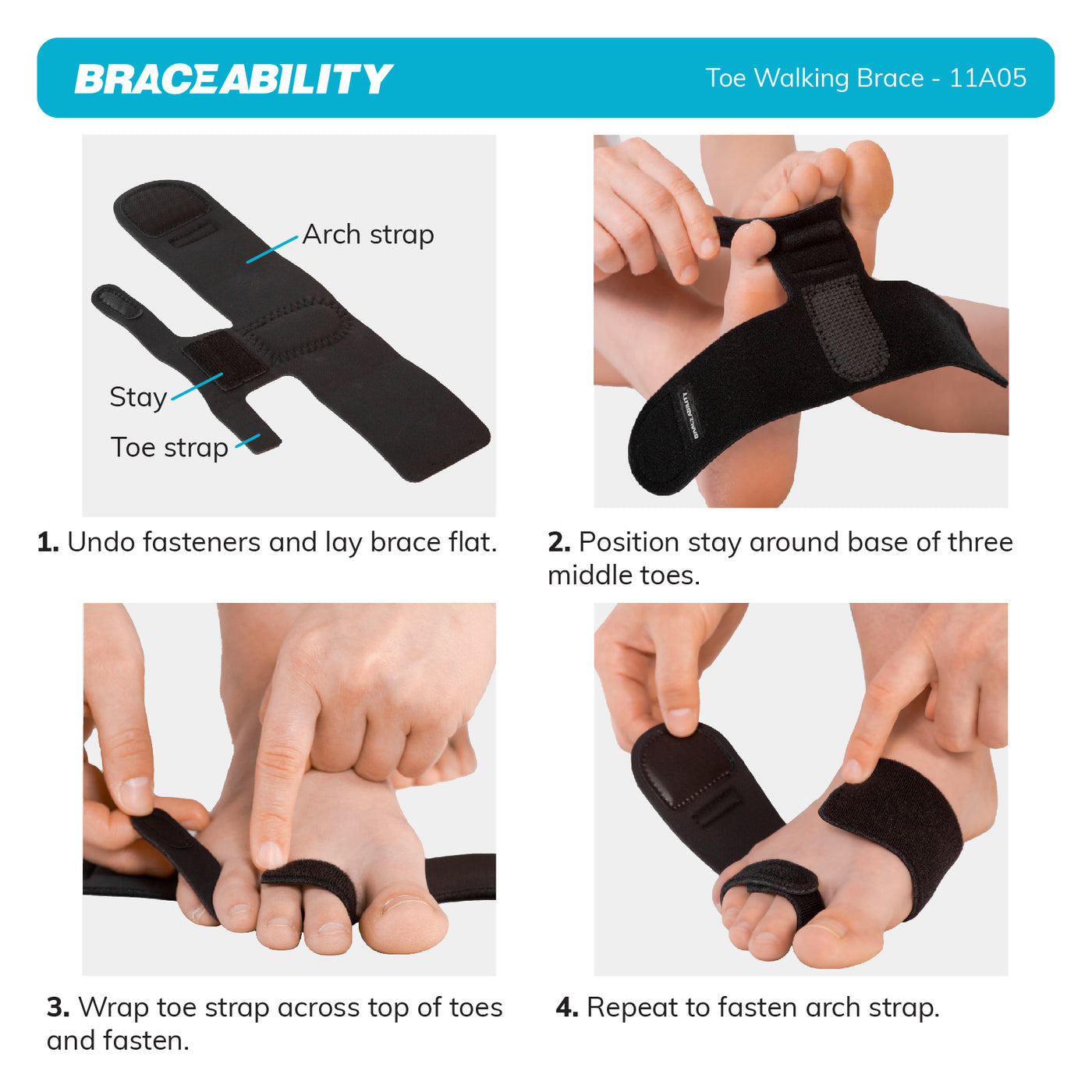 the instruction sheet for the braceability toe walking brace shows wrapping the toe strap around your middle three toes then the strap around your foot arch