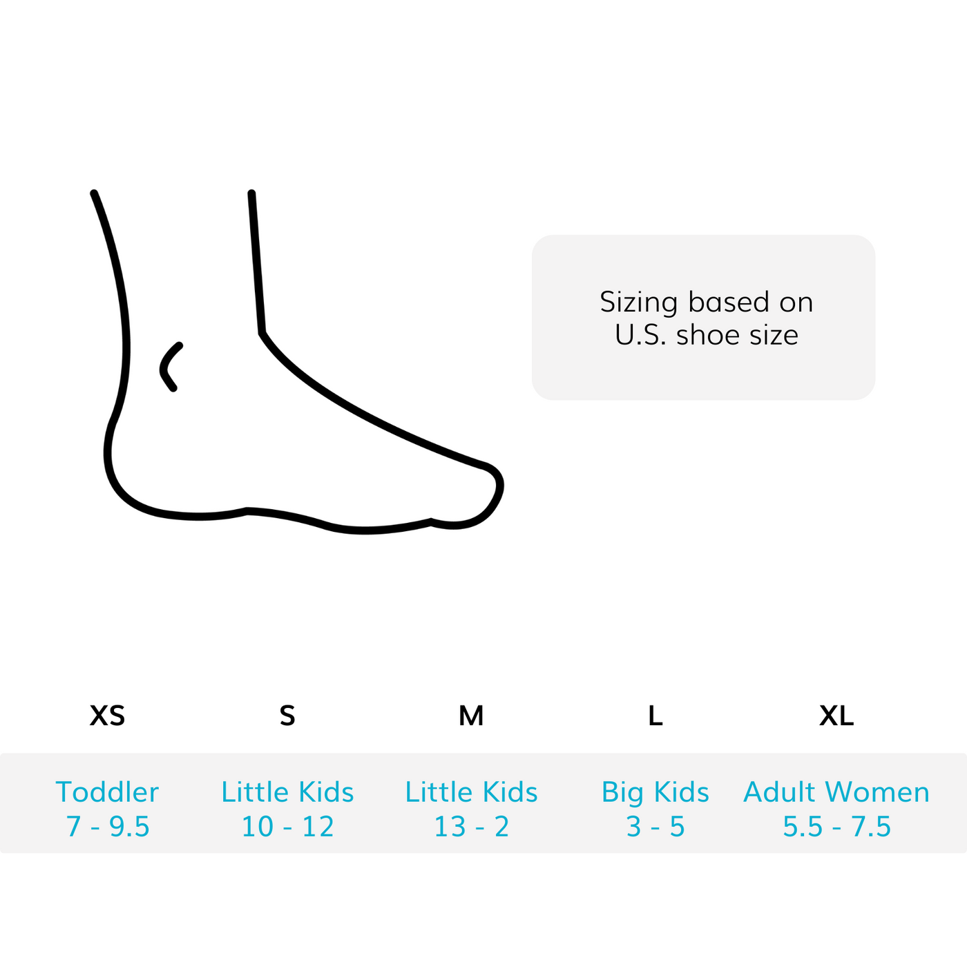 the sizing chart for the toe walking brace comes in sizes xs through xl fitting toddlers through adults