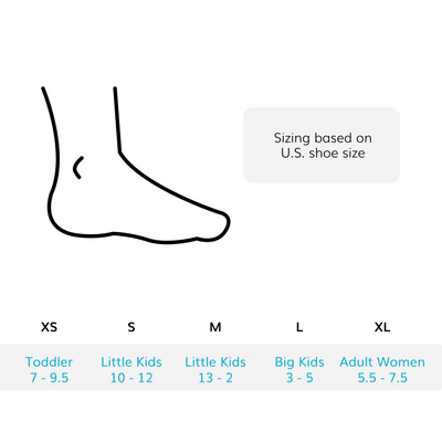 the sizing chart for the toe walking brace comes in sizes xs through xl fitting toddlers through adults