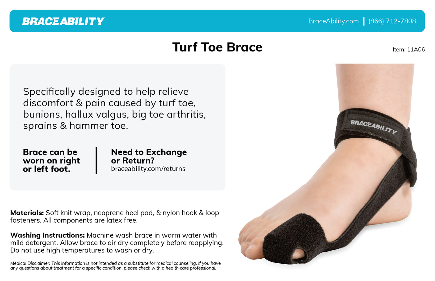 The braceability turf toe is machine washable, wash in warm water then hang to air dry