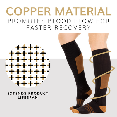Our compression socks for women are made out of an 85 percent copper nylon blend to prevent foot odor and extend the products lifespan