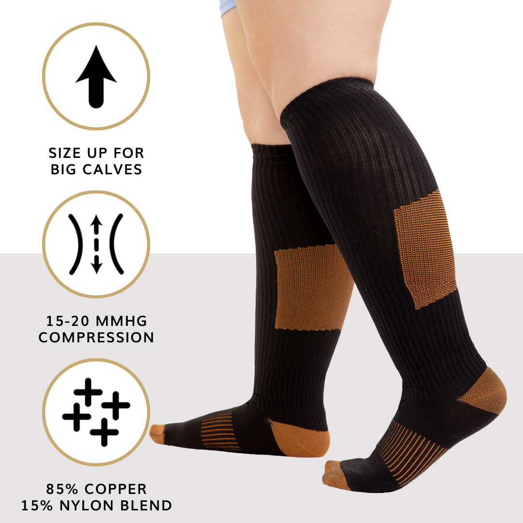Our knee-high copper compression socks apply 15 to 20 mmhg compression fitting plus size diabetic legs