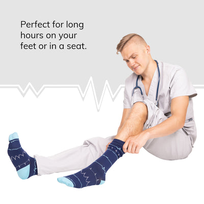 Our dark blue, tall stockings fit wide calf and plus size health care workers