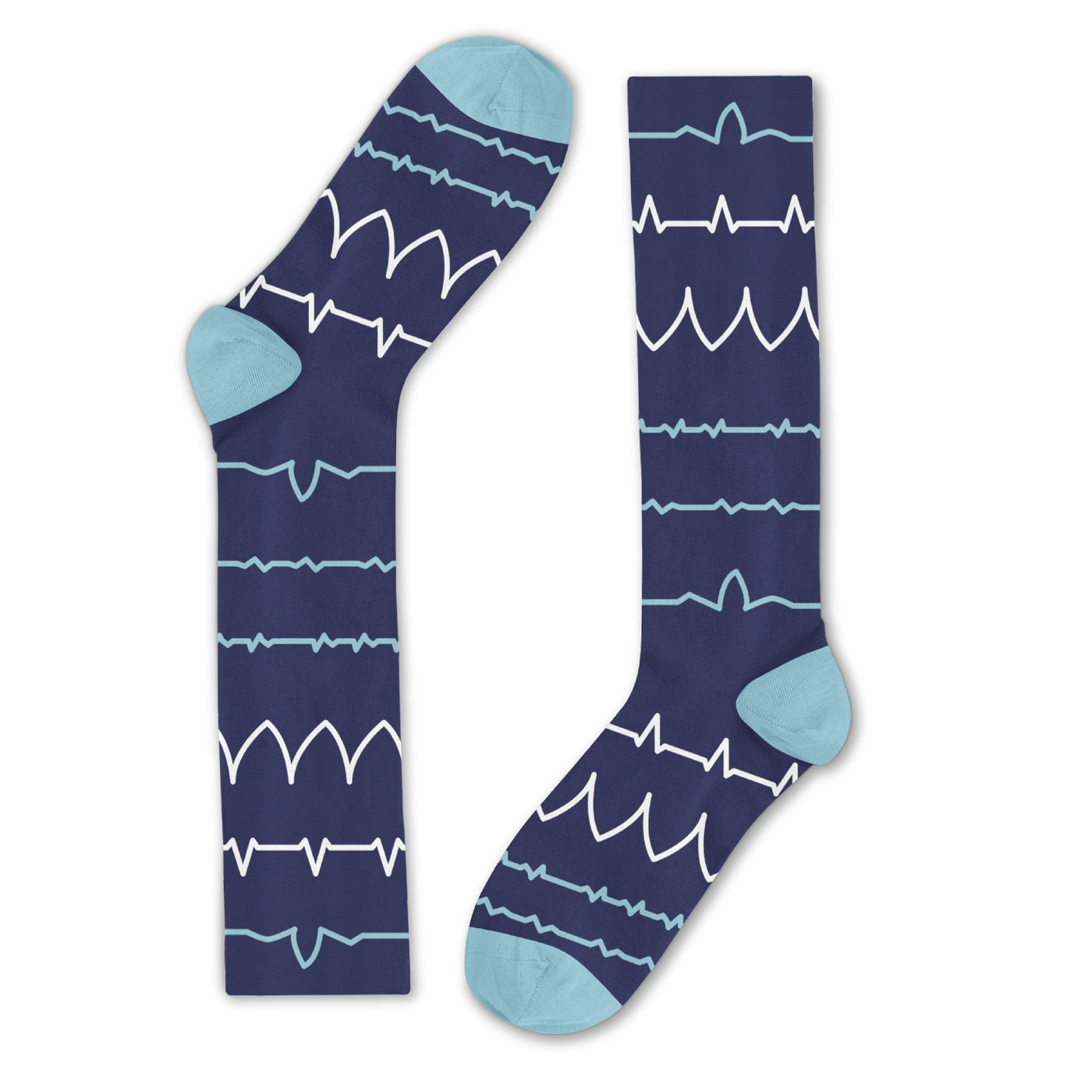 BraceAbility fun nursing compression socks with blue heartbeat pattern