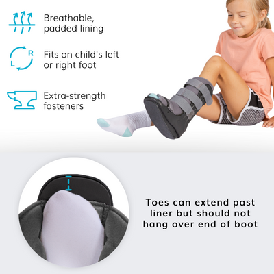 The pediatric cam walker for kids broken foot can be worn on their left or right foot