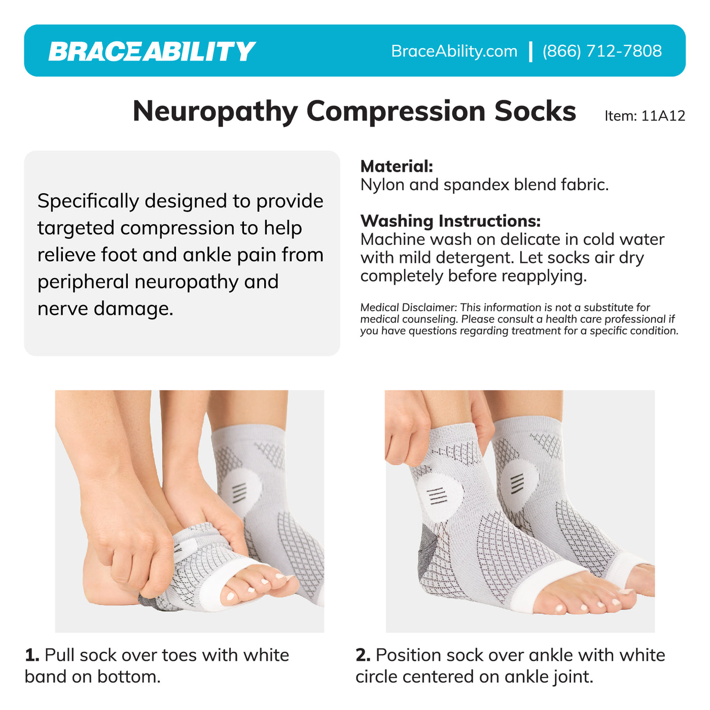 To put on the neuropathy compression socks, slide over toes and center on ankle