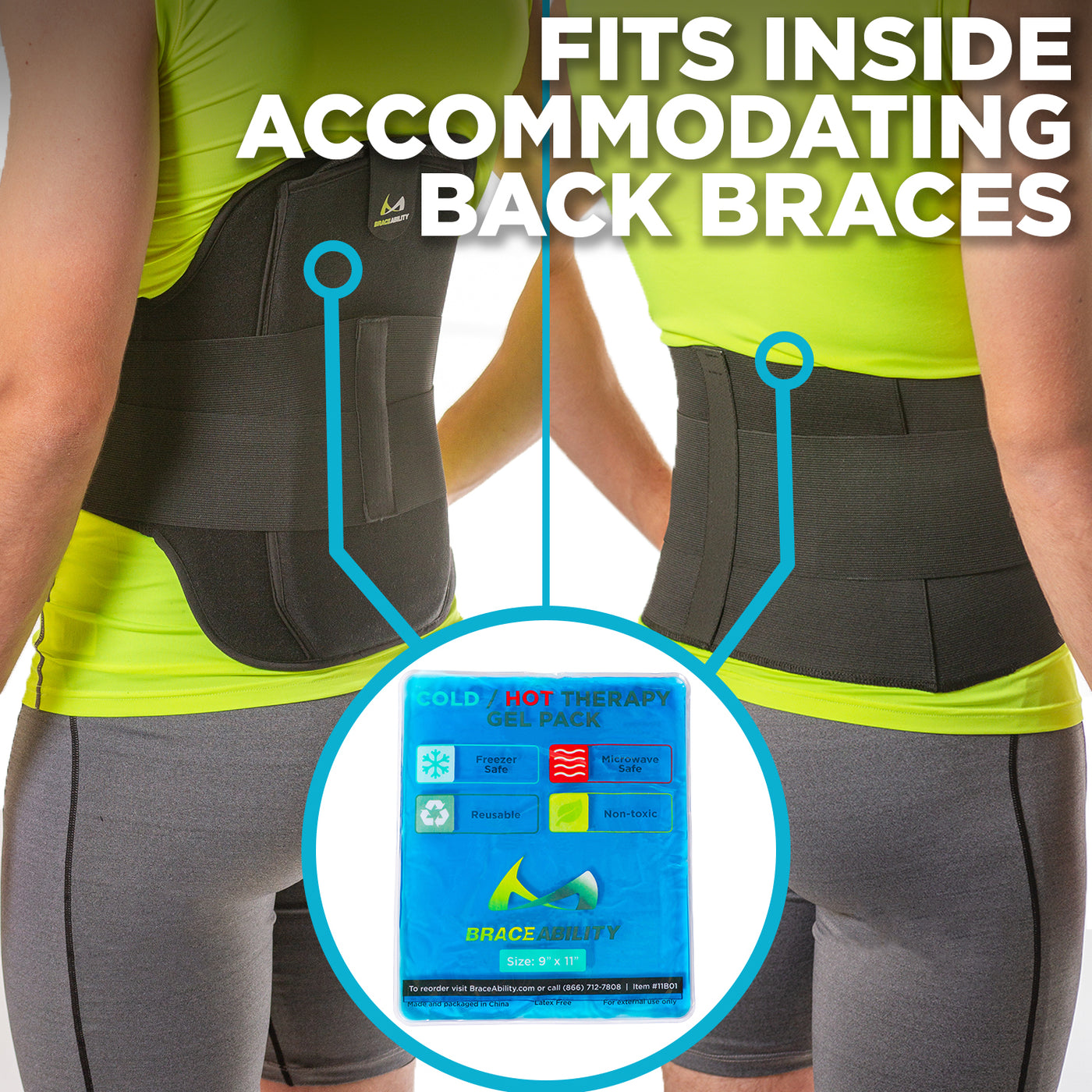 hot and cold compression pack fits into back braces for support