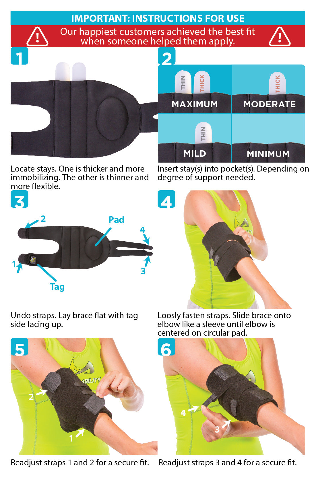the instruction sheet for the cubital tunnel brace shows wrapping the wide straps around your arm