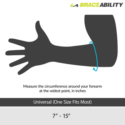 The elbow strap for medial and lateral epicondyle has a universal sizing chart that fits 7 inch to 15 inch forearm circumferences