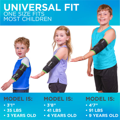 The kids elbow brace and pediatric arm restraint fits kids from age 3 to age 10