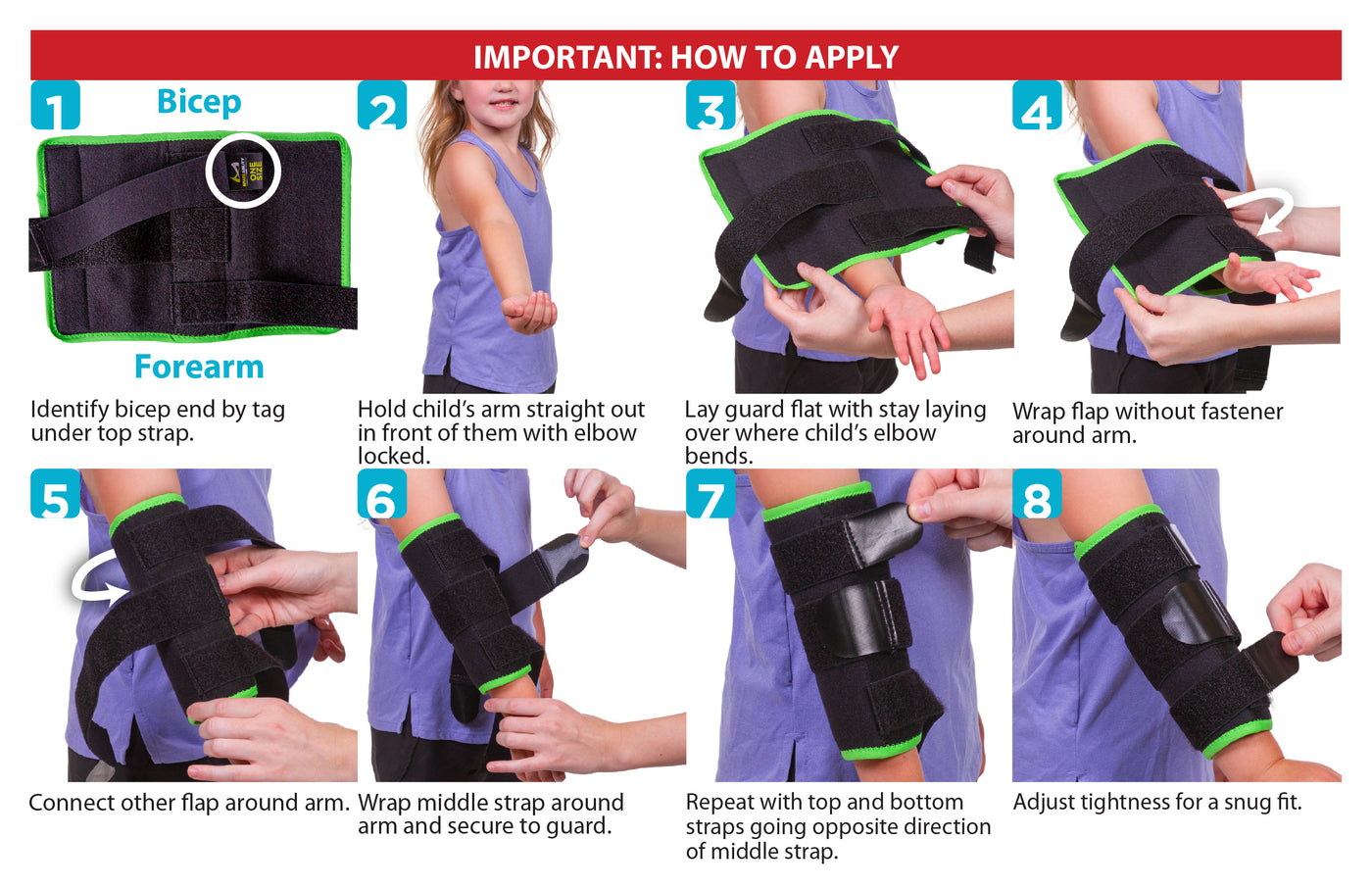 instruction sheet for how to put on kids elbow thumb sucking brace