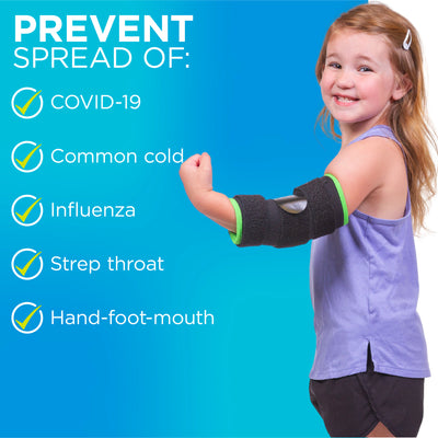 Using an arm guard on your child helps prevent the spread of COVID-19, influenza, and strep throat by preventing your child from sticking their fingers in their mouth