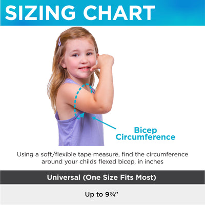Sizing for the kids elbow brace is one size fits all fitting biceps up to 9.75 inches