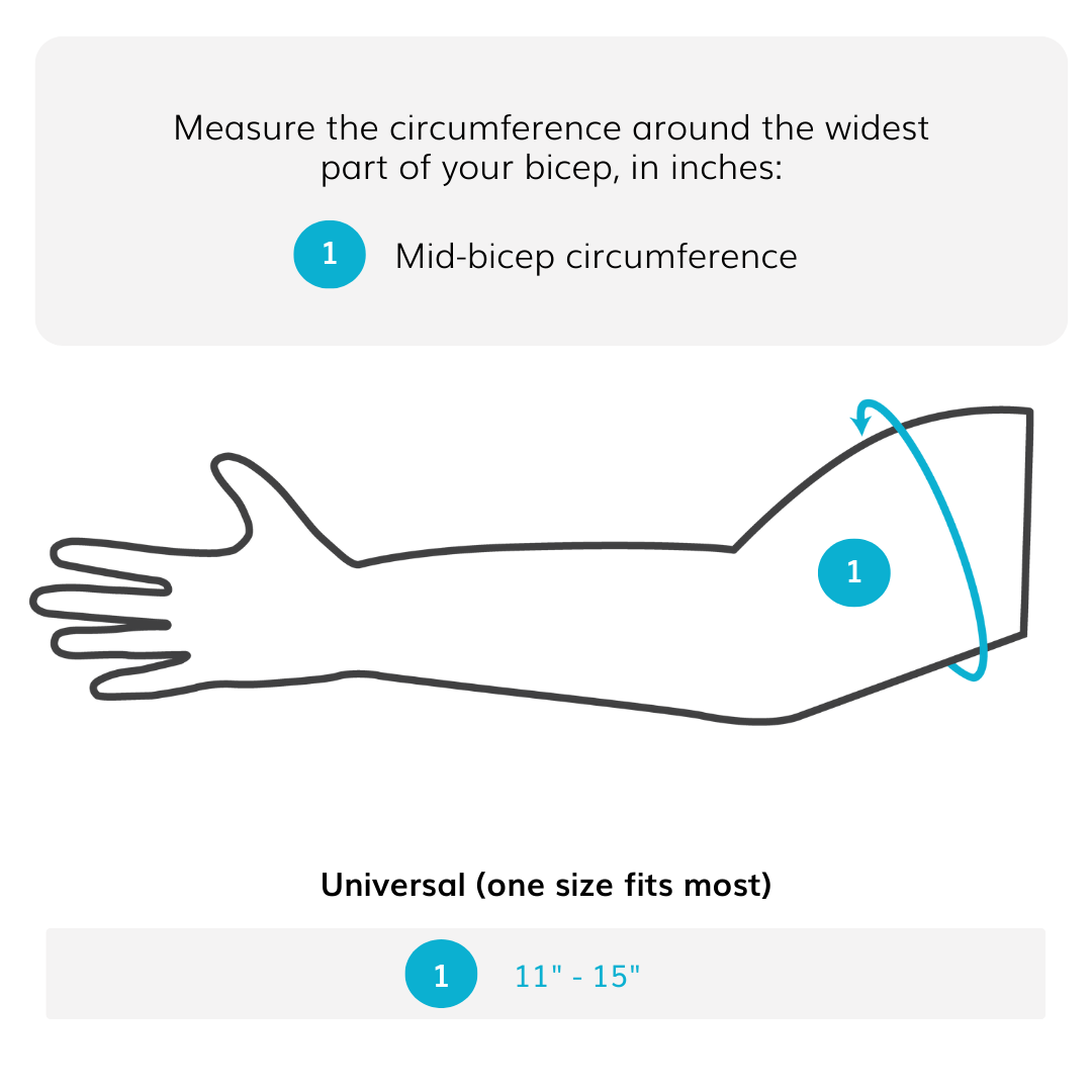 sizing chart for the BraceAbility bicep band is one size fits most with biceps up to 15 inches.