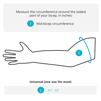 sizing chart for the BraceAbility bicep band is one size fits most with biceps up to 15 inches.