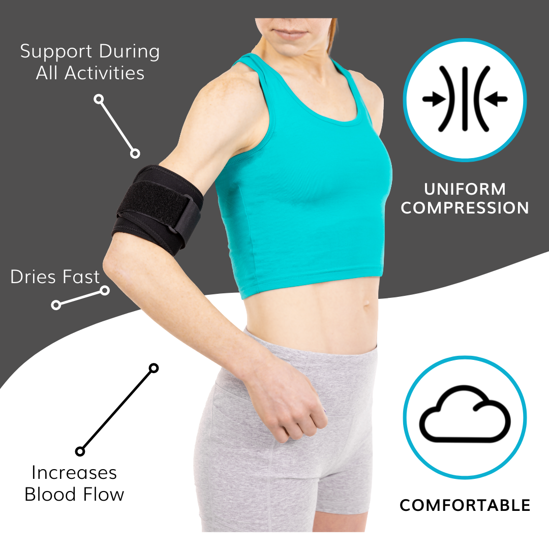 The comfortable black bicep brachii compresison brace is comfortable and supportive during all activities