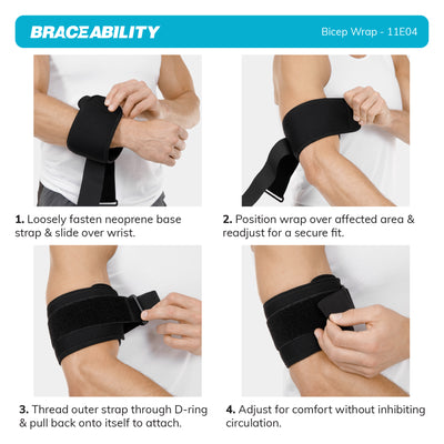 to apply the braceability bicep wrap, loosely fasten neoprene brace and slide up arm over injury, then wrap out strap around arm and fasten securely.