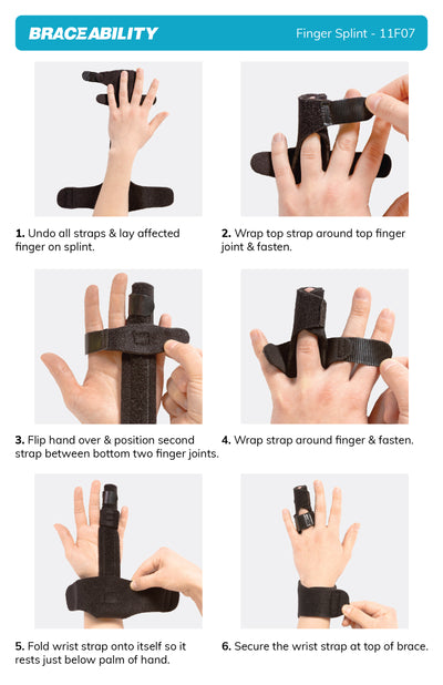 using the instruction sheet to put on the the finger splint, wrap top strap around top knuckle working your way down to wrist