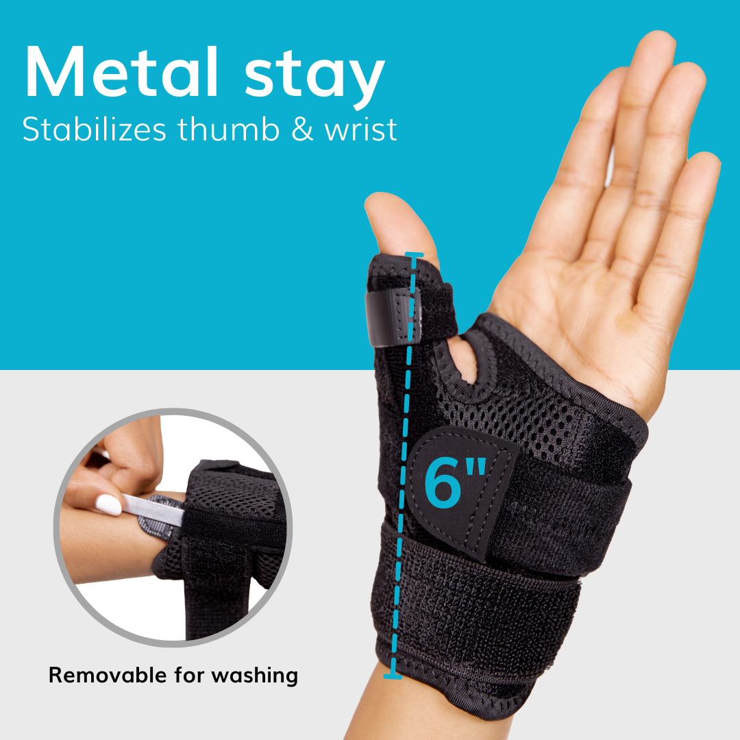 the BraceAbility thumb spica brace has a 6 inch removable metal stay that stabilizes the wrist and thumb