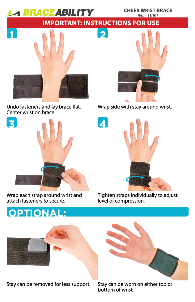 using the instruction sheet, put on the cheer wrist brace by simply wrapping it around you affected wrist