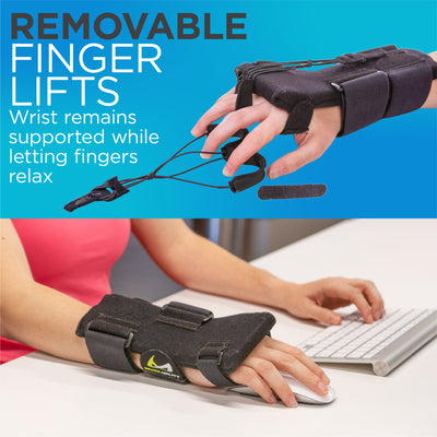 Removable finger lifts secures wrist while letting fingers relax treating honeymoon palsy