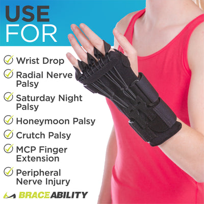 Our limp wrist splint works for a variety of conditions including; crutch palsy, Saturday night palsy, and honeymoon palsy