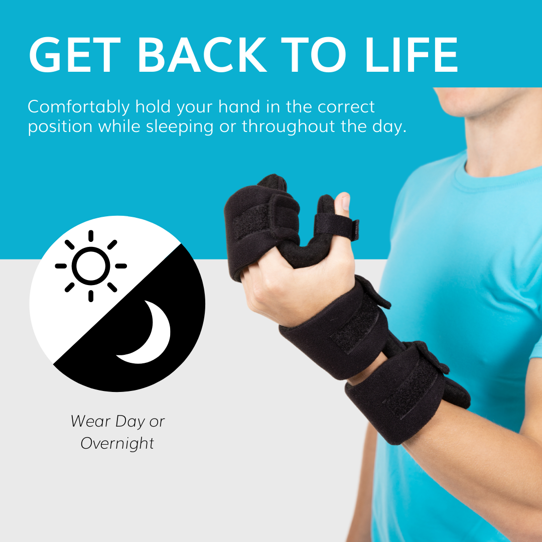 Our functional resting hand splint comfortably holds your hand in the correct position