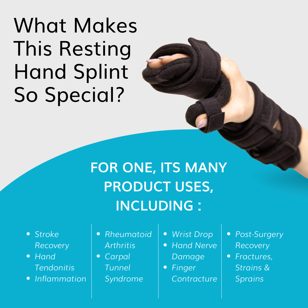 Our resting hand splint can be use for stroke recovery, tendonitis, and rheumatoid arthritis