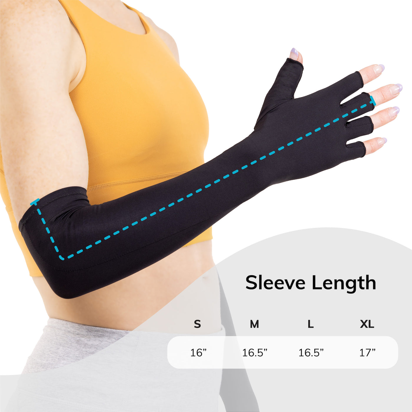 our fullarm compression sleeve applies even support from finger joints through elbow