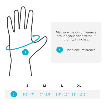 The sizing chart for the copper gamer gloves fit four sizes with hand circumference fitting five and a half inches up to thirteen and a half inches