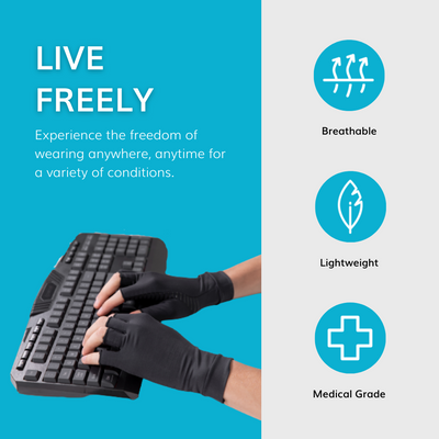 lightweight fingerless arthritis gloves for typing with a full range of motion for a variety of conditions.