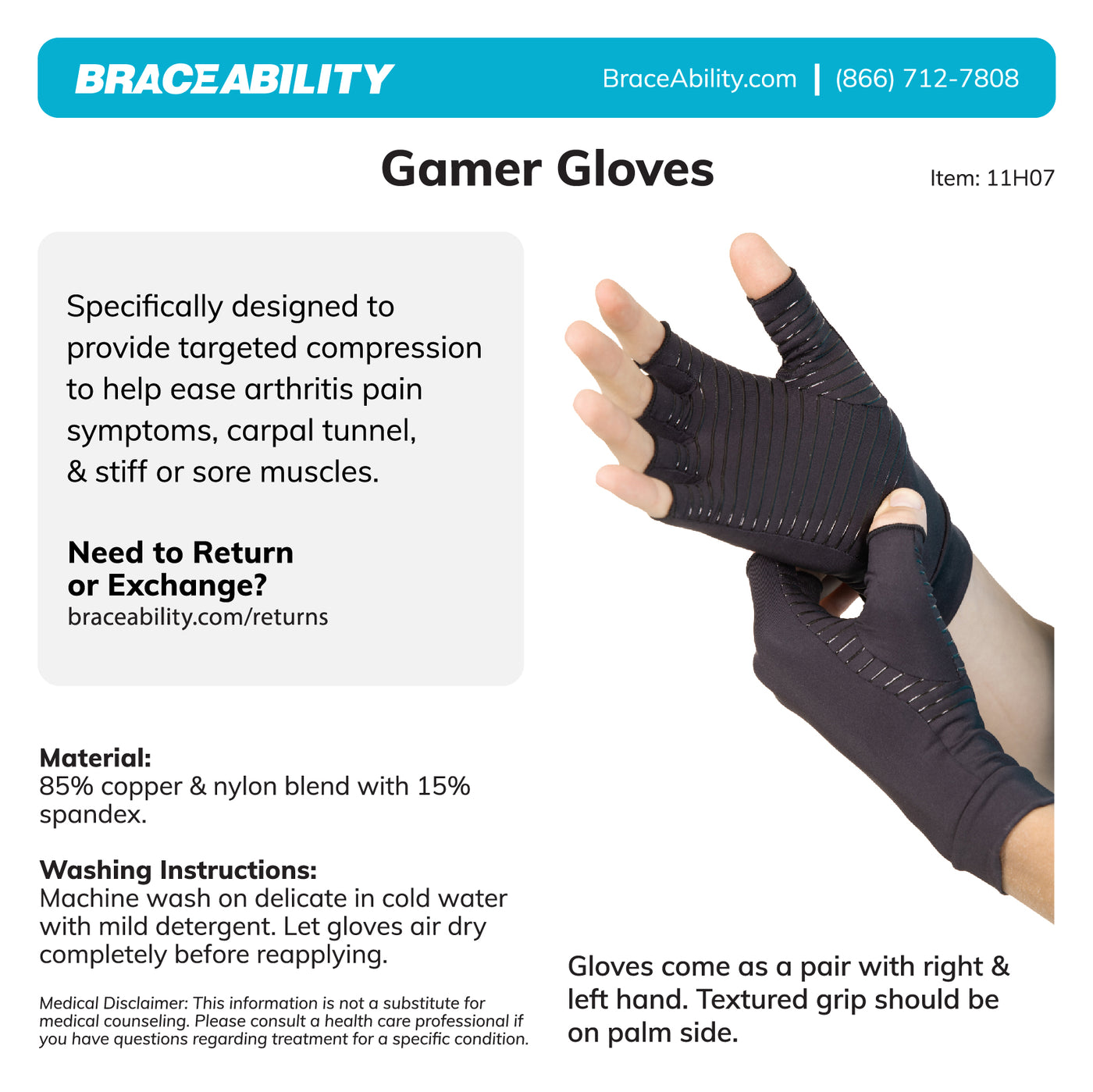 the instruction sheet for the braceability gamer gloves show how to machine wash with mild detergent