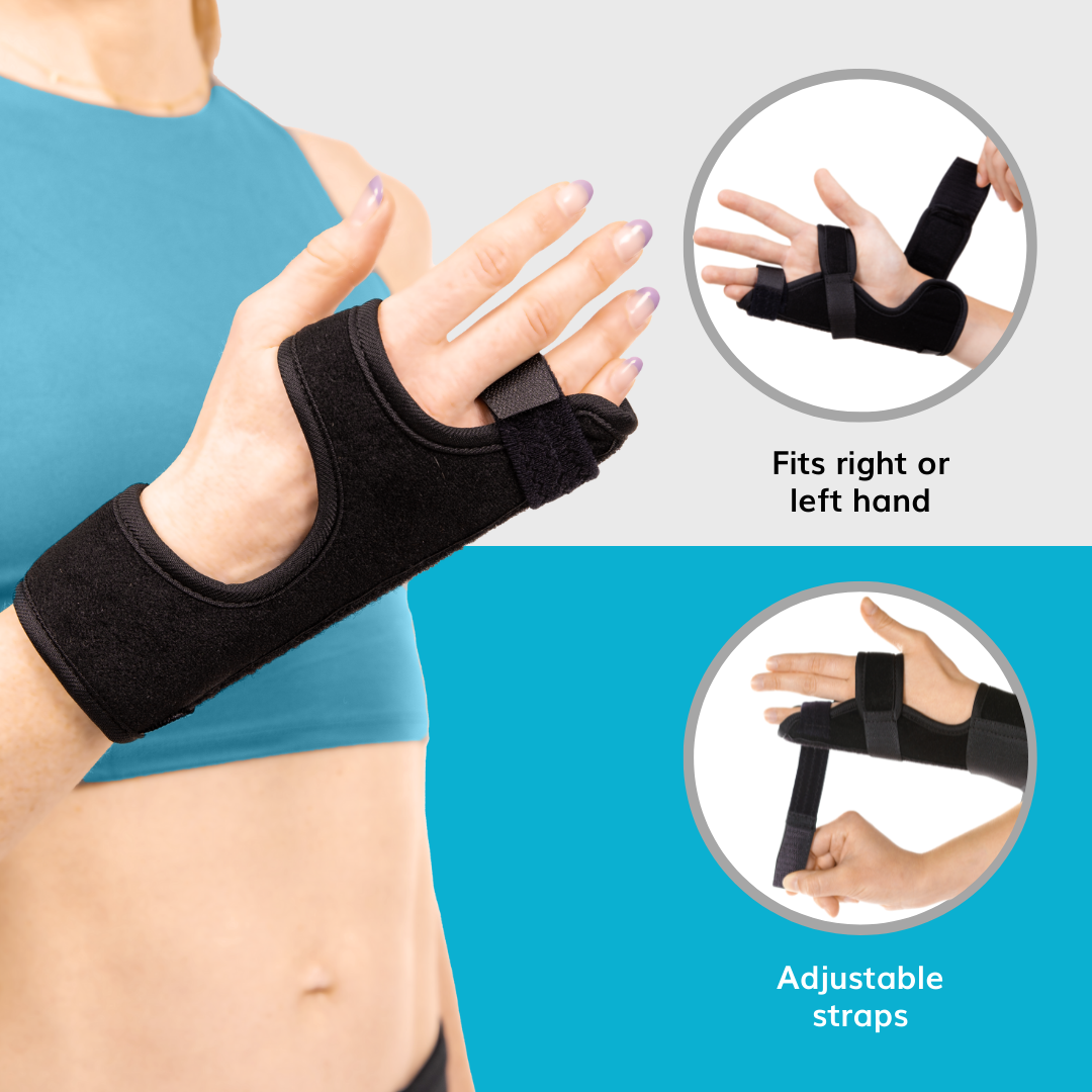 The jammed finger splint has adjustable straps allowing it to be worn for right or left hand injuries