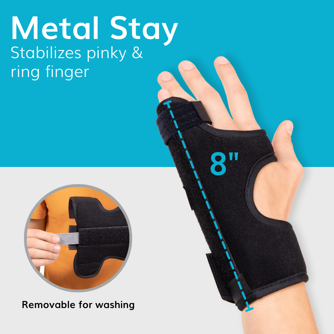 The eight inch metal splint stabilizes the pinky and ring finger