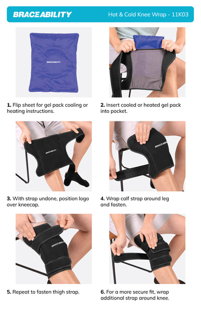Use the instruction sheet to put on the hot or cold knee wrap