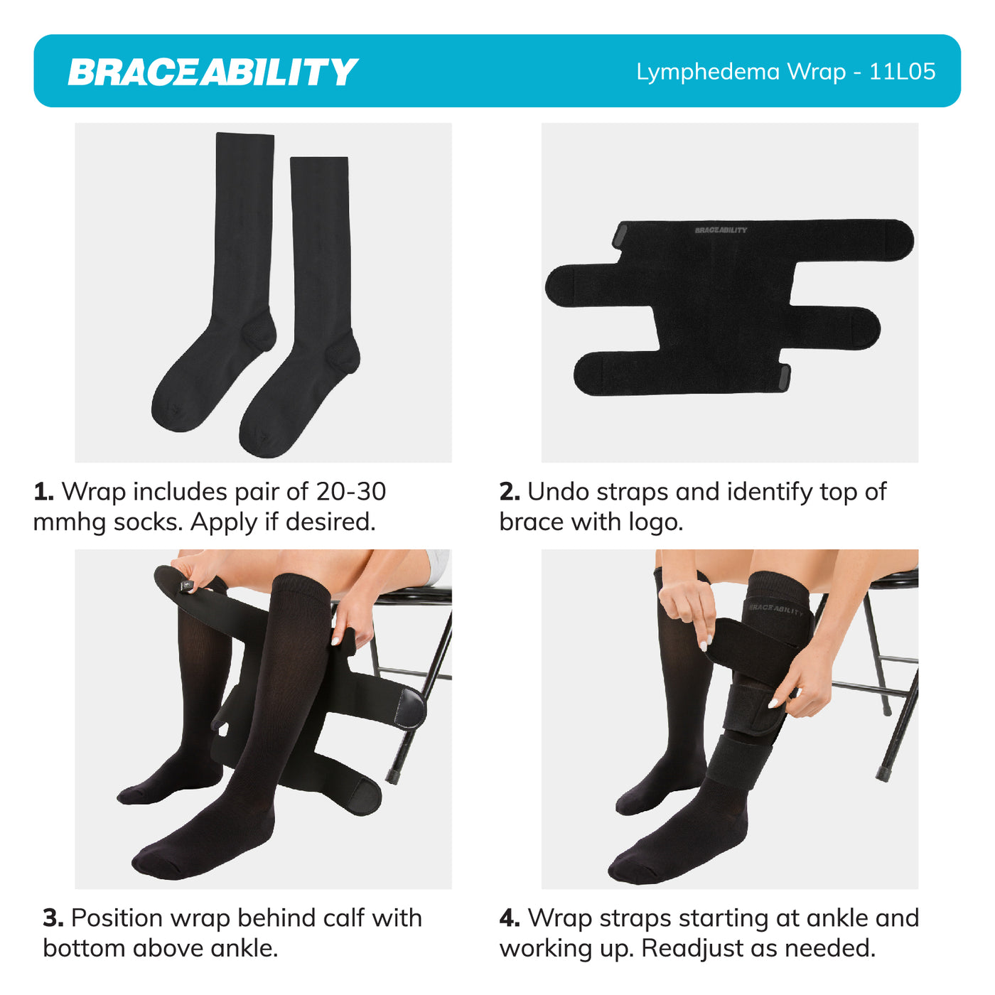 The instruction sheet for the lympedema compression wrap is a simple 4 strap application
