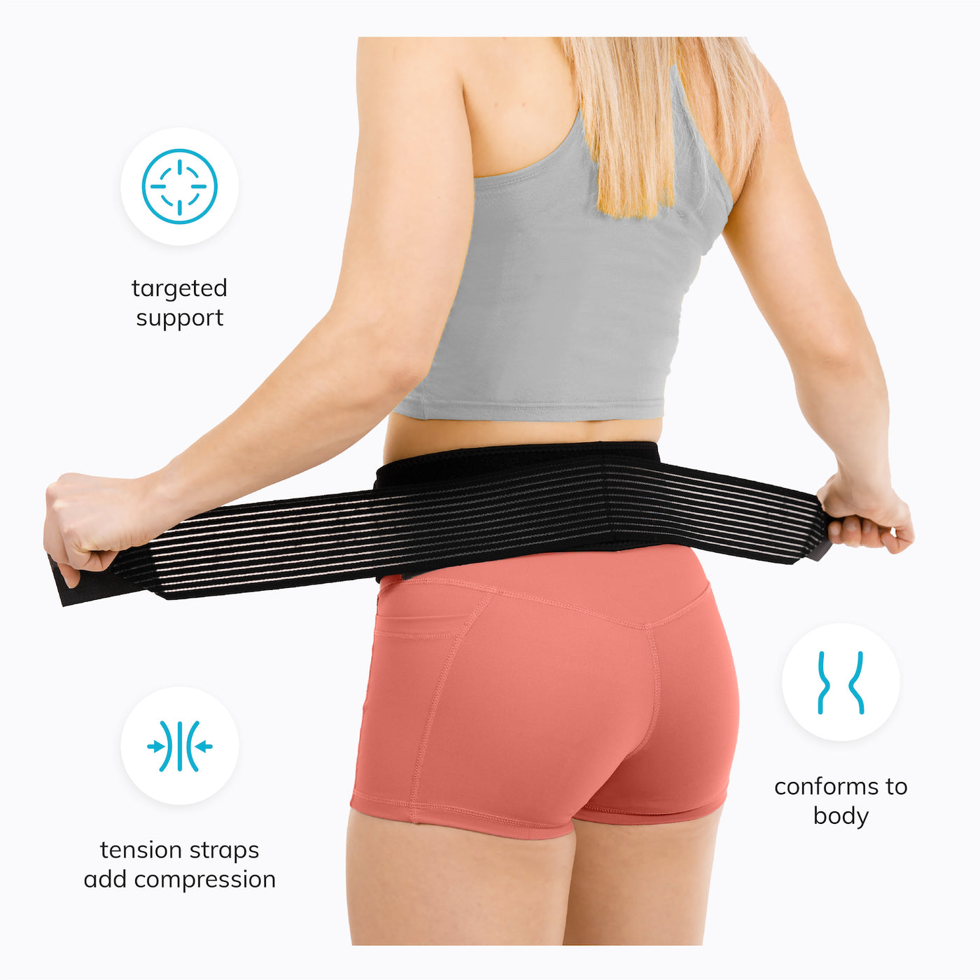 The lower crossed syndrome support brace applies target support to the hip flexors