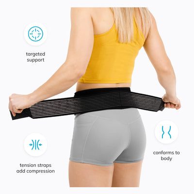 The SI joint lower back compression wrap applies targeted support to the sacroiliac joint