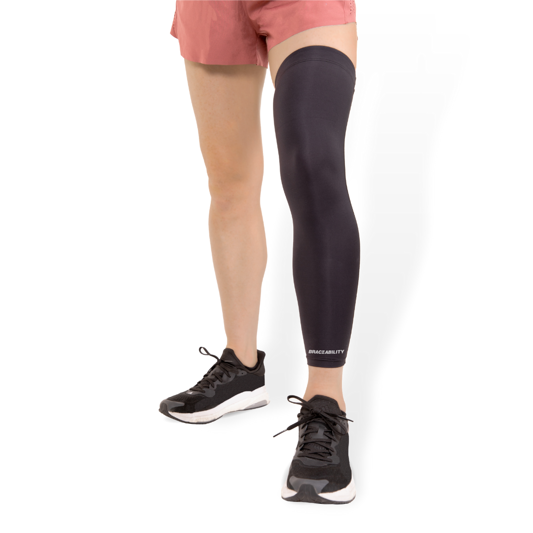 The BraceAbility full leg compression sleeve is copper infused, perfect for recovery for calf, thigh, or knee pain