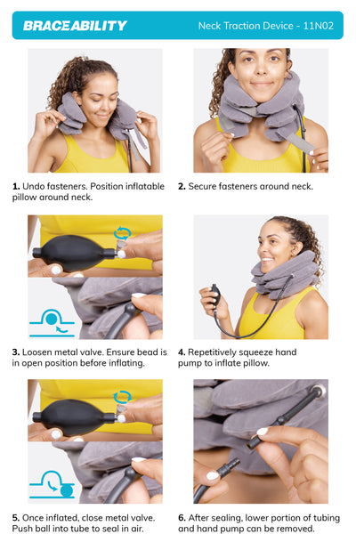 To apply the next traction device, wrap pillow around head, fasten strap and inflate with pump