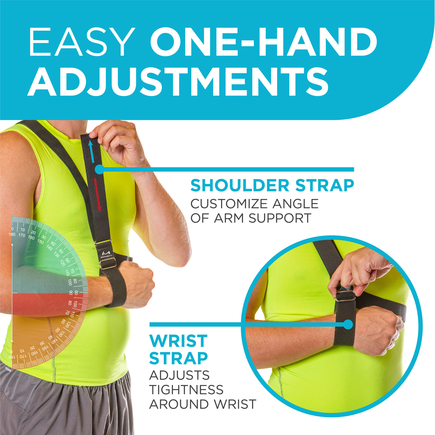 adjust the shoulder strap and wrist strap on the arm immobilizer with one hand