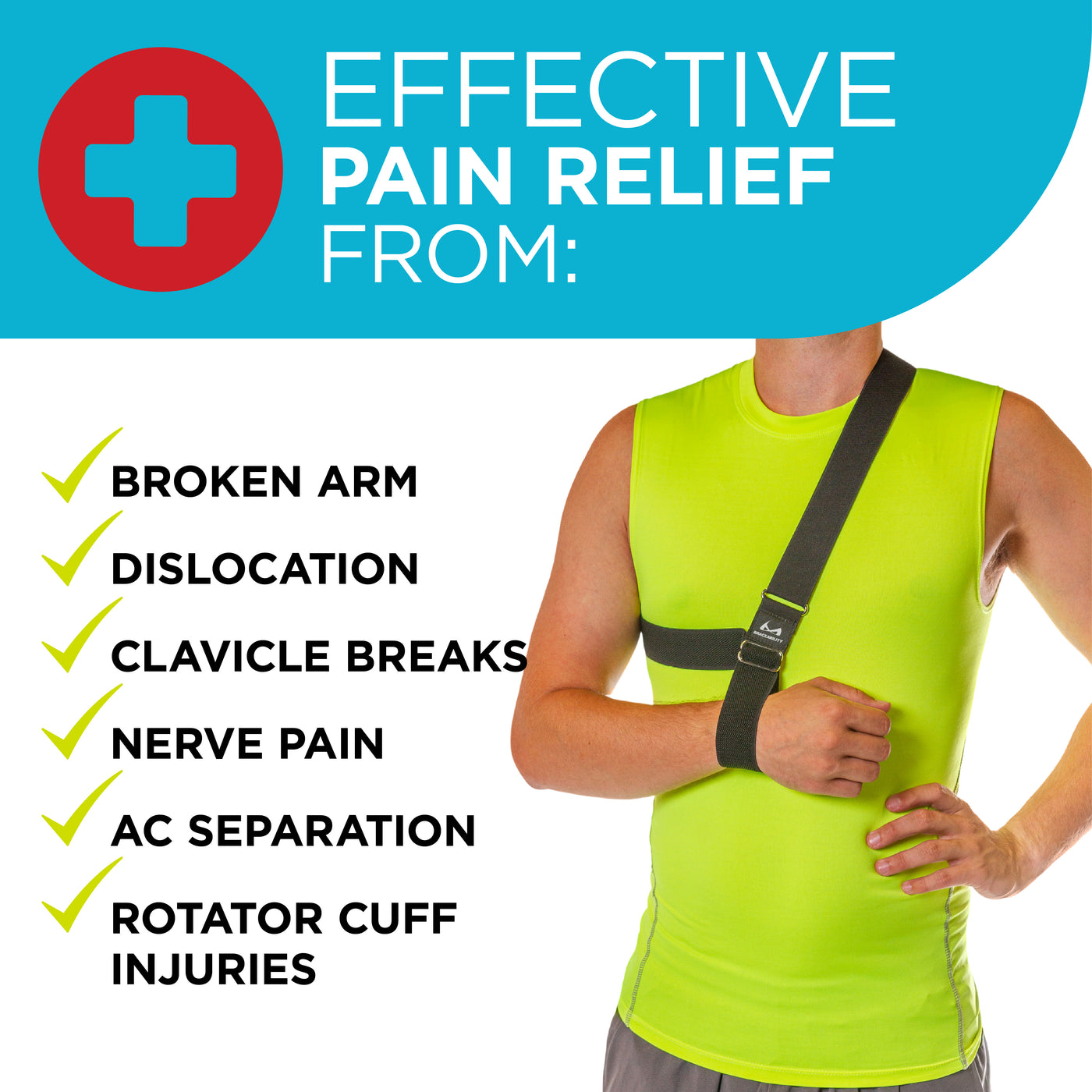 The Shoulder Sling is effective in relieving pain from shoulder dislocations, clavicle breaks, nerve injuries, broken arms, and more!