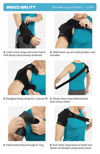 The instruction sheet for the braceability shoulder support brace is a simple wrap around style