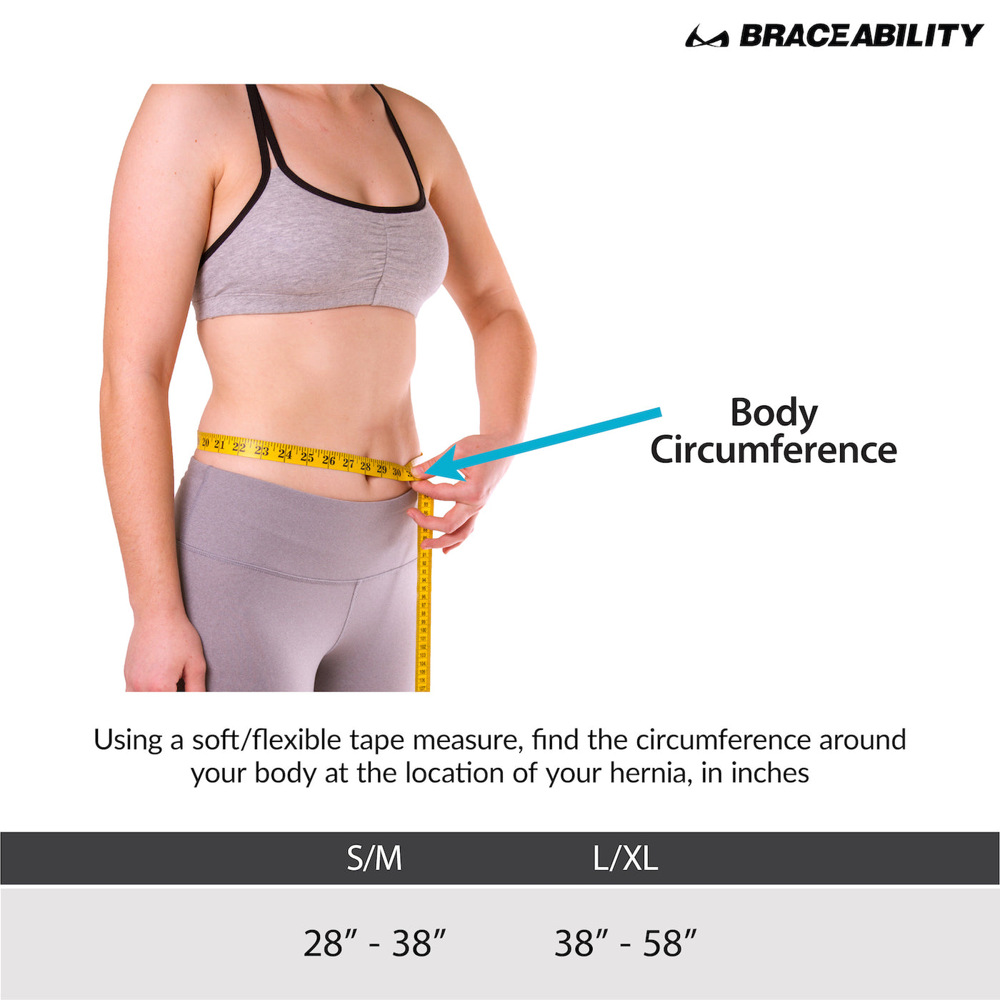 Sizing chart for abdominal hernia belt. Available is sizes S/M-L/XL.