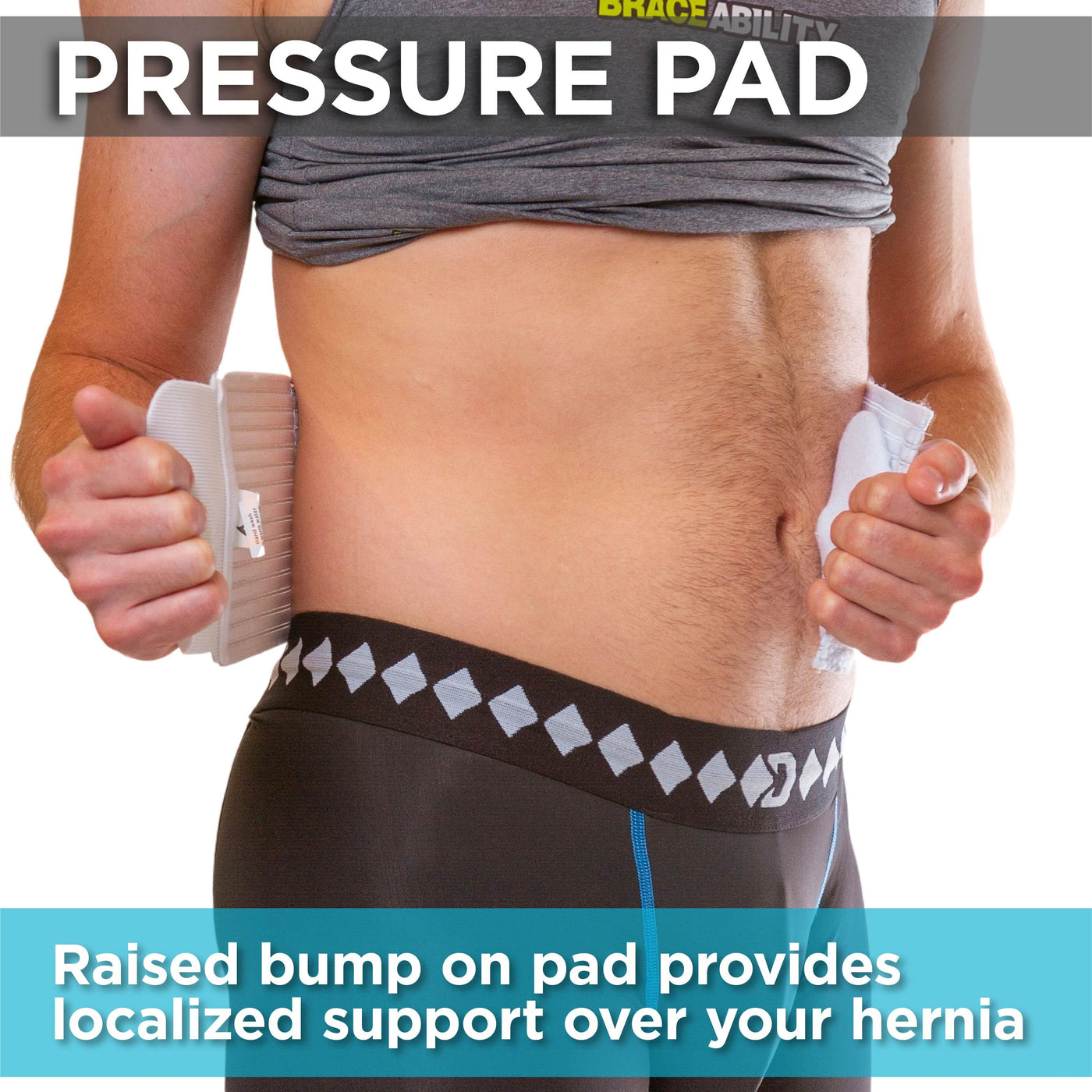 raised pad on the hernia belt provides localized support