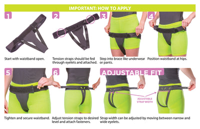 Simply slip on the pelvic support belt like a pair of underwear and pull the adjustment straps to desired level. Washing tips can be found on instruction sheet