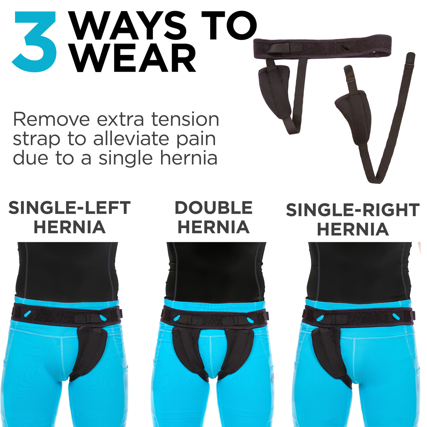 the bilateral inguinal hernia belt can be worn with one or two compression pads for single or double hernias