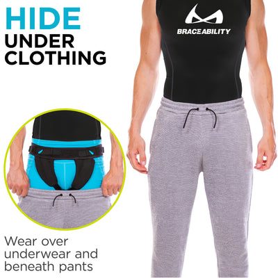 The low-profile inguinal hernia underwear can be worn hidden under clothes for all-day wear