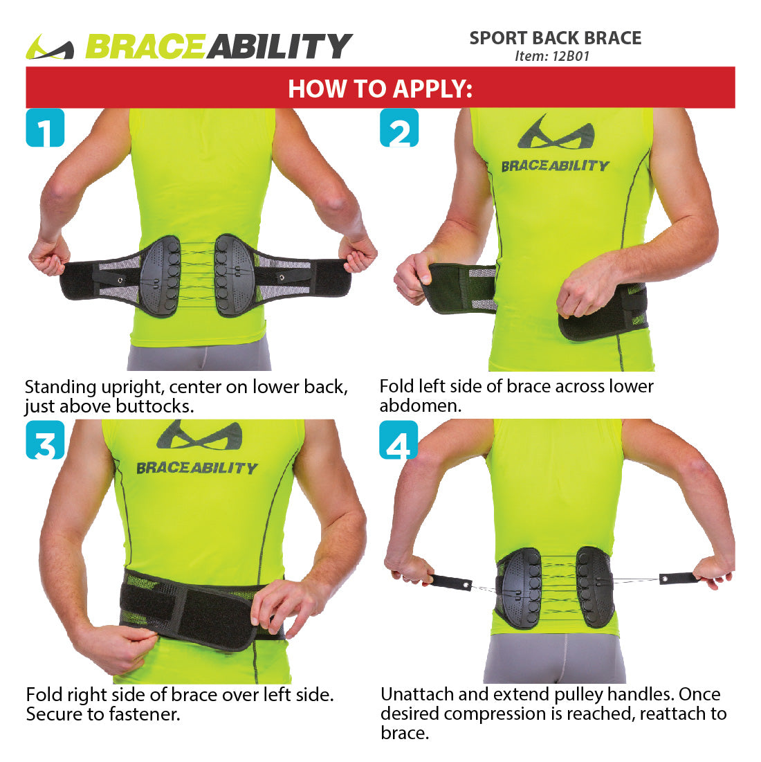 the instruction sheet for the sport back brace is a simple wrap-around style